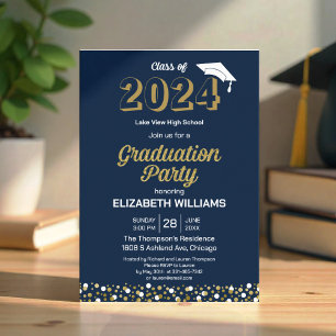 Invitation Gold Foil Script Confetti Graduation Party Blue