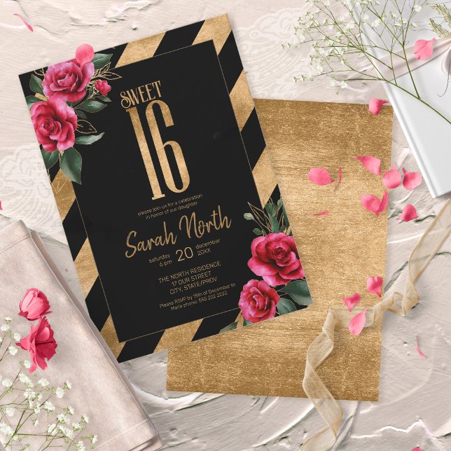 Invitation Gold Foil Stripes Floral Black ID757 (Créateur téléchargé)