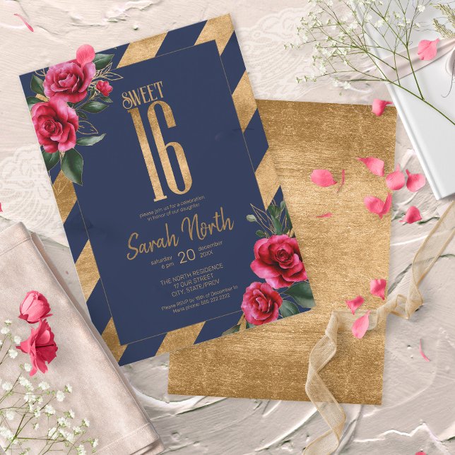 Invitation Gold Foil Stripes Floral Navy ID757 (Créateur téléchargé)