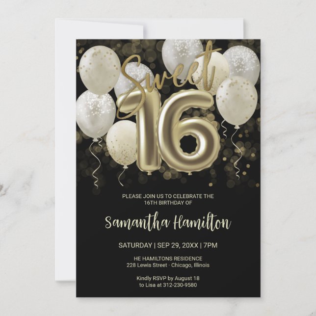 Invitation Gold Foil Sweet 16 Anniversaire Ballons Party Noir (Devant)