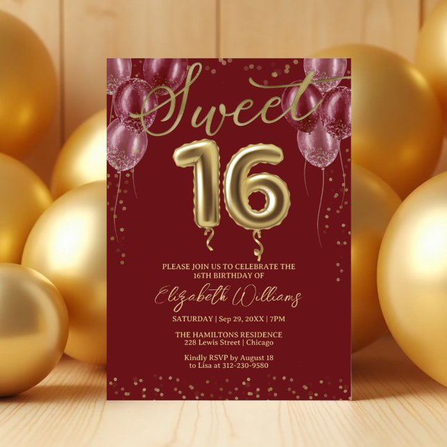 Invitation Gold Foil Sweet 16 Ballons d'anniversaire Bourgogn (Créateur téléchargé)