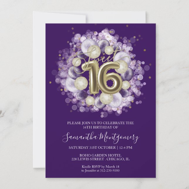 Invitation Gold Foil Sweet 16 Ballons d'anniversaire fête vio (Devant)