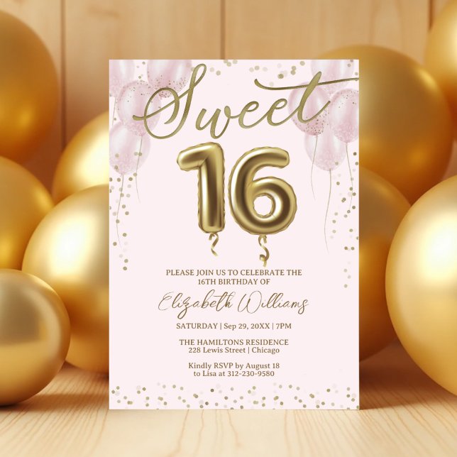 Invitation Gold Foil Sweet 16 Ballons d'anniversaire rose (Créateur téléchargé)