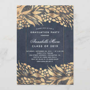Invitation Gold Foliage Marine Blue Modern Graduation Party