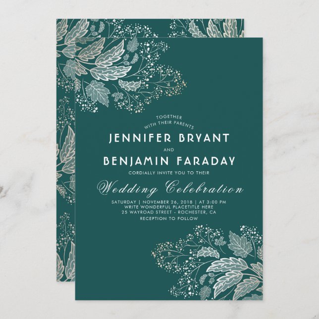 Invitation Gold Foliage Turquoise Vert Élégant Mariage modern (Devant / Derrière)