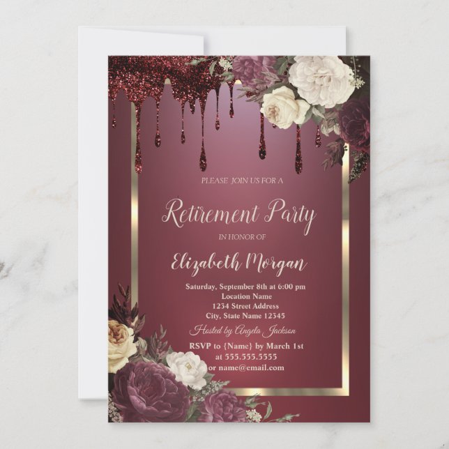 Invitation Gold Frame Bourgogne Rose Parties scintillant Driv (Devant)