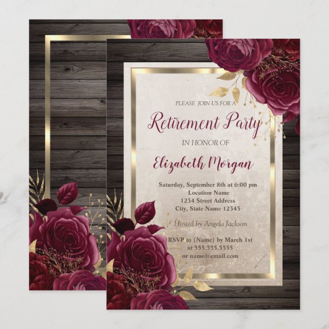 Invitation Gold Frame, Bourgogne Rose Retraite du bois (Devant / Derrière)