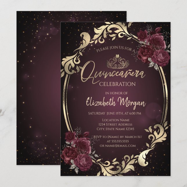 Invitation Gold Frame Bourgogne Roses Dark Quinceañera (Devant / Derrière)