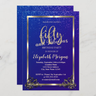 Invitation Gold Frame Confetti Bleu 50e fête d'anniversaire