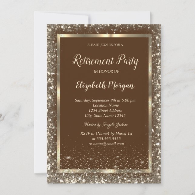 Invitation Gold Frame Confetti Border Brown Retirement (Devant)