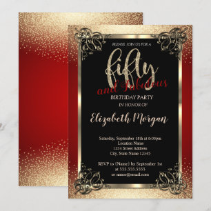 Invitation Gold Frame, Confetti Red 50th Birthday Party