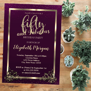Invitation Gold Frame Confetti Violet 50e fête d'anniversaire