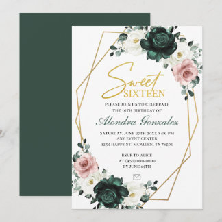 Invitation Gold frame emerald green floral Sweet 16 invite
