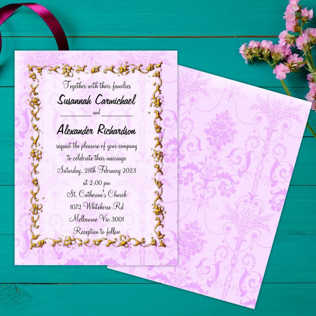 Invitation Gold Frame et Purple Mariage damassé (Créateur téléchargé)