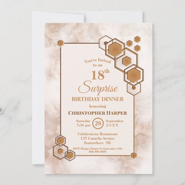 Invitation Gold Frame Marbre Surprise 18e anniversaire Dîner (Devant)