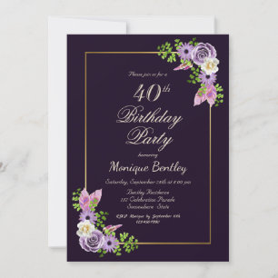 Invitation Gold Frame Purple Floral 40e fête d'anniversaire