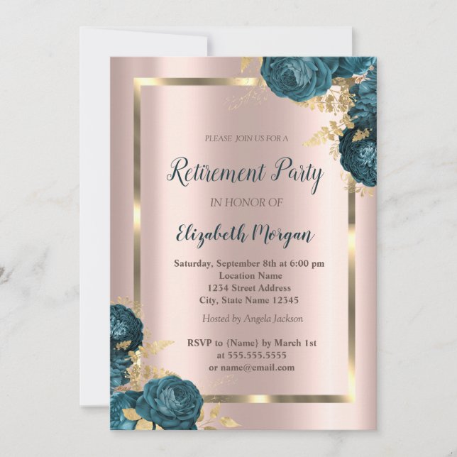 Invitation Gold Frame, Rose Gold Green Flowers Retraite (Devant)