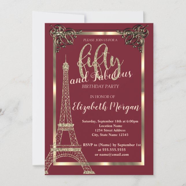 Invitation Gold Frame, Tour Eiffel Bourgogne 50e anniversaire (Devant)