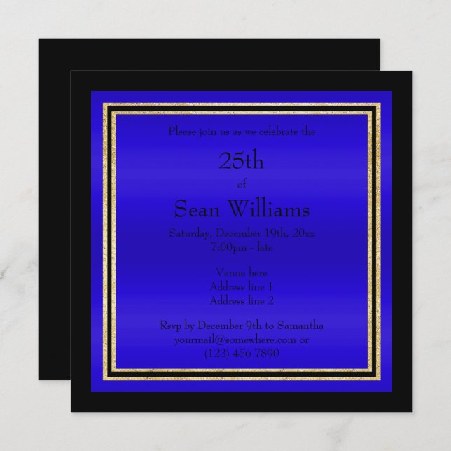 Invitation Gold Frames Blue & Black Man's Birthday (Devant / Derrière)