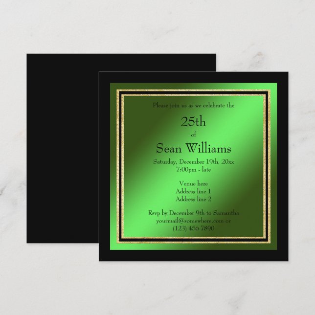 Invitation Gold Frames Green & Black Man's Birthday (Devant / Derrière)