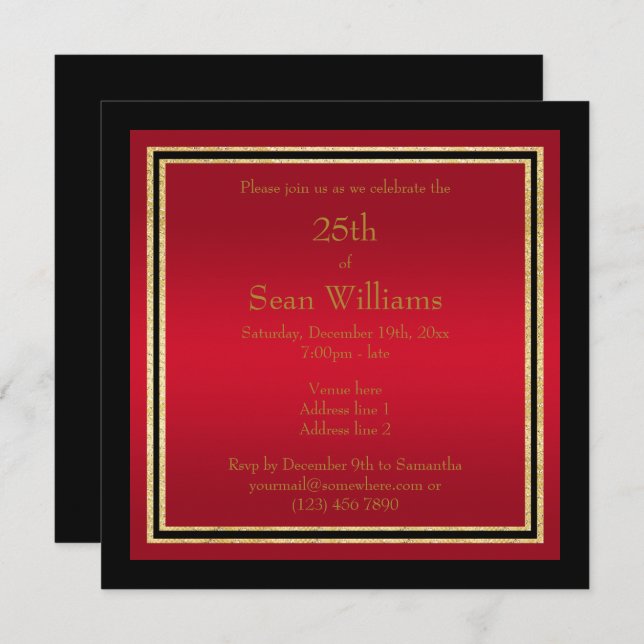 Invitation Gold Frames Red & Black Man's Birthday (Devant / Derrière)