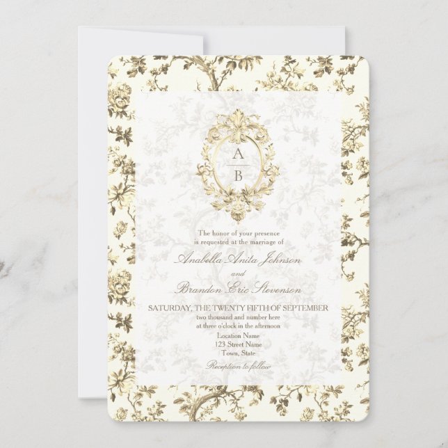 Invitation Gold French Toile Monogramme QR Code Mariage (Devant)
