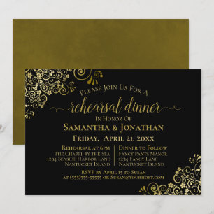 Invitation Gold Frills Chic Black Mariage Répétition et dîner