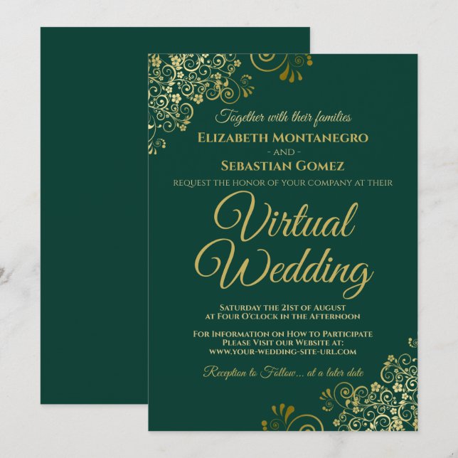 Invitation Gold Frills Emerald Green Elegant Mariage virtuel (Devant / Derrière)