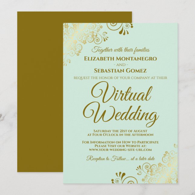 Invitation Gold Frills Neo Mint Green Elegant Mariage virtuel (Devant / Derrière)