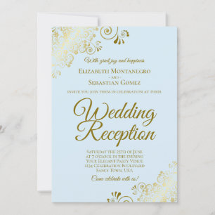 Invitation Gold Frills & Pale Blue Elegant Mariage Réception