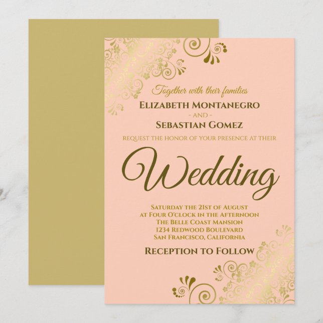 Invitation Gold Frills Simple Chic Coral Peach Orange Mariage (Devant / Derrière)