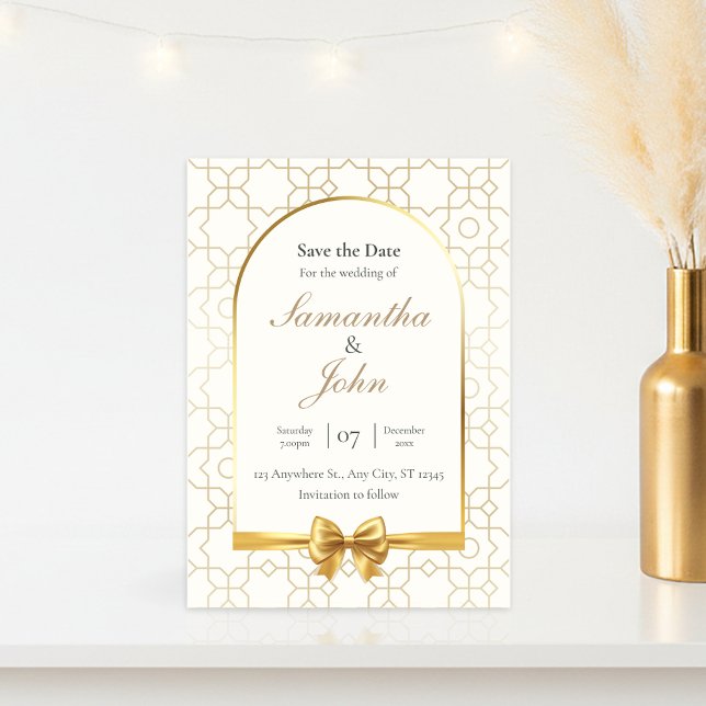 Invitation Gold Geometric Arch Photo Save the Date Cards (Gold & Ivory Geometric Art Deco Wedding Save the Date Card)