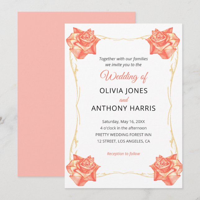 Invitation Gold Geometric Rustic Pastel Rose Floral Wedding  (Devant / Derrière)