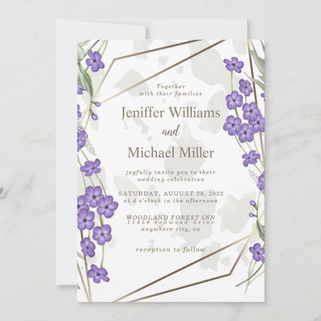 Invitation Gold geometric watercolor leafy flower frame (Devant)