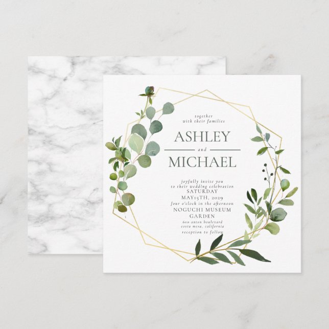 Invitation GOLD GEOMETRIE FOLIAGE Carré Marbre Mariage (Devant / Derrière)
