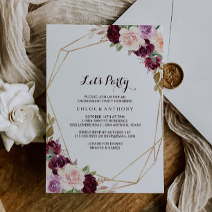 Invitation Gold Géométrique Blush Bourgogne Floral Fêtons