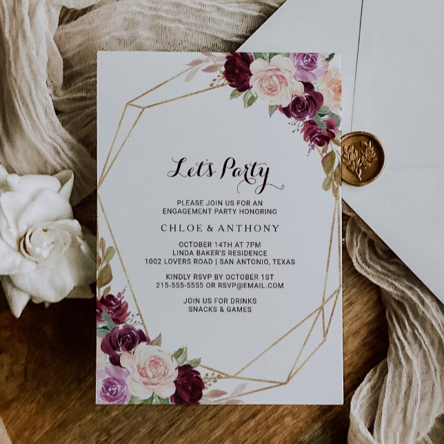 Invitation Gold Géométrique Blush Bourgogne Floral Fêtons (Créateur téléchargé)