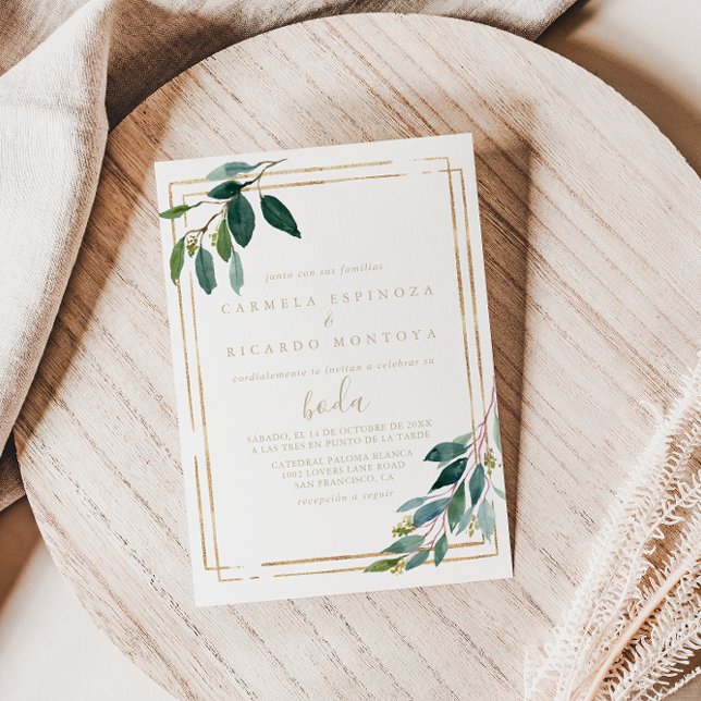 Invitation Gold Géométrique Chic Eucalyptus Mariage espagnol (Créateur téléchargé)