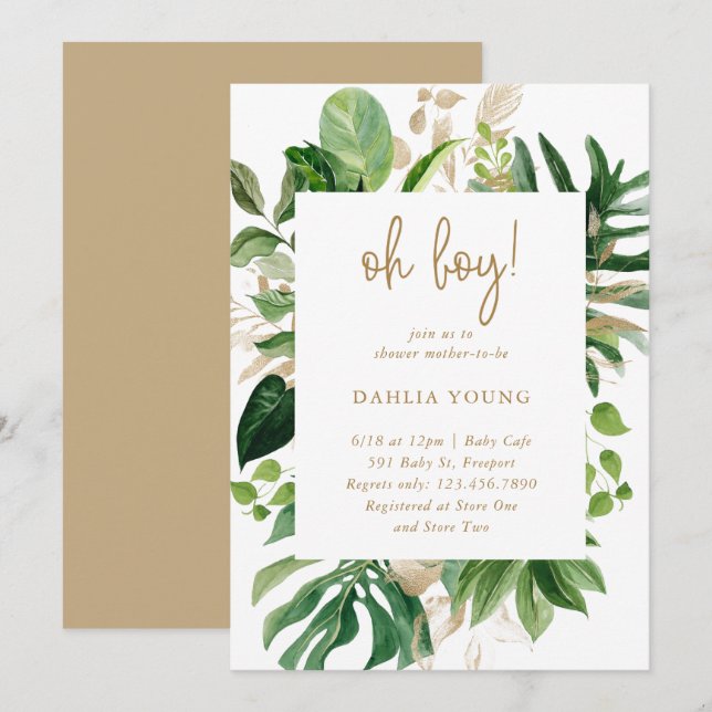 Invitation Gold Géométrique Oh Boy Baby shower Tropical (Devant / Derrière)