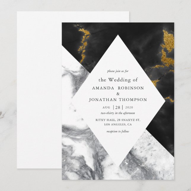 Invitation Gold Glam Faux Parties scintillant Mariage en marb (Devant / Derrière)