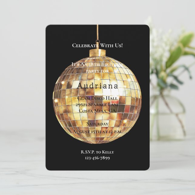 Invitation Gold Glam Glitzy Disco Ball Anniversaire (Debout devant)