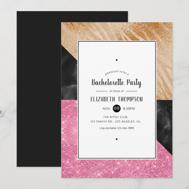 Invitation Gold Glam Parties scintillant Bachelorette (Devant / Derrière)