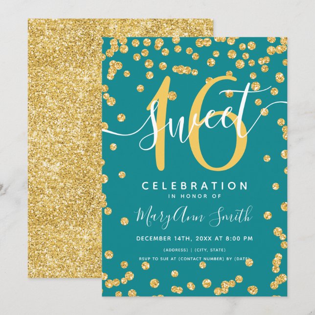 Invitation Gold Glam Parties scintillant Confetti 16e anniver (Devant / Derrière)