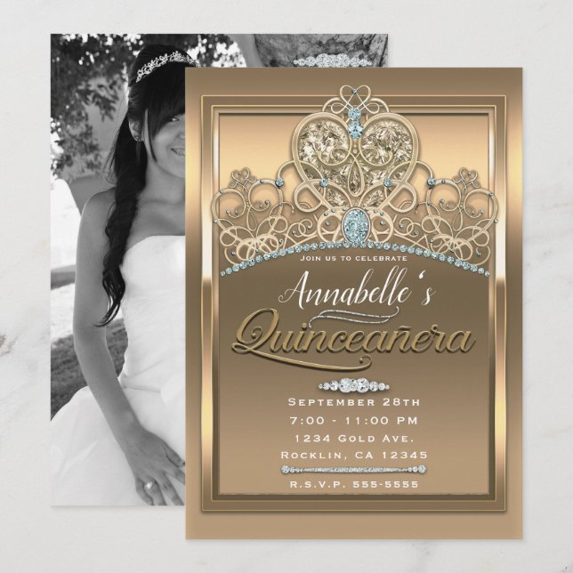 Invitation Gold Glam Princess Heart Tiara Quinceañera Photo (Devant / Derrière)