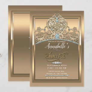 Invitation Gold Glam Princess Heart Tiara Sweet 16 Party