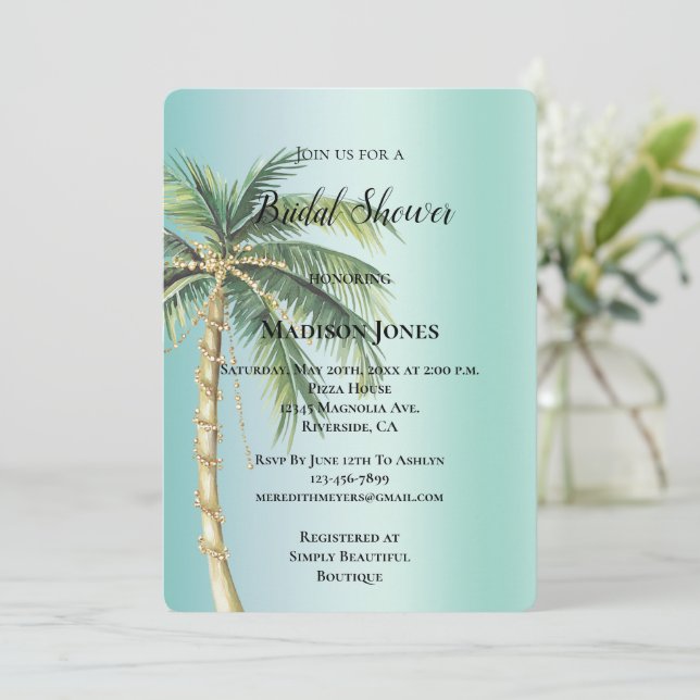 Invitation Gold Glam Tropical Palm Tree Fête des mariées (Debout devant)