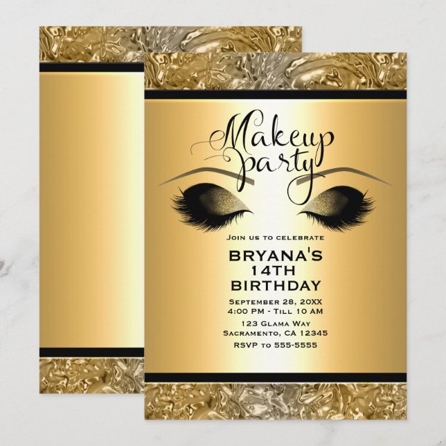 Invitation Gold Glamor Girls Maquillage Eyelashes Événement d (Devant / Derrière)