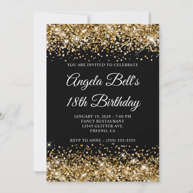 Invitation Gold Glitter Black Fancy Monogram 18th Birthday (Devant)
