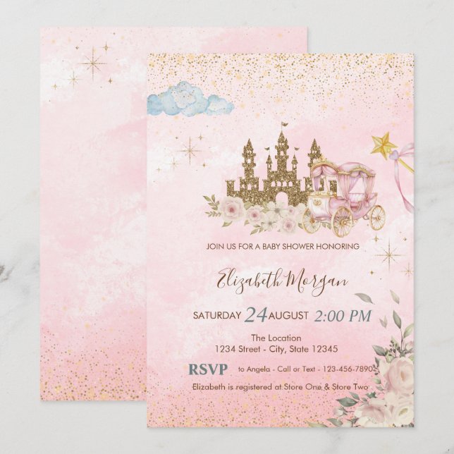 Invitation Gold Glitter Castle,FlowersCarriage Baby Shower  (Devant / Derrière)