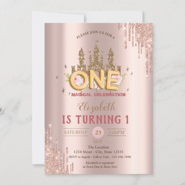 Invitation Gold Glitter Castle,Rose Gold Drips 1st Birthday  (Devant)